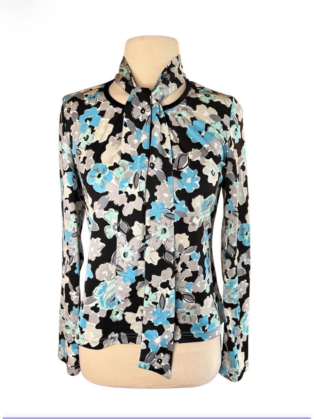 Vintage Courreges Floral Tie-Neck Top with Tiffany Blue, Aqua, Greys & Black